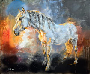 Faraon mixed media en olieverf op linnen, 5ox60 cm.